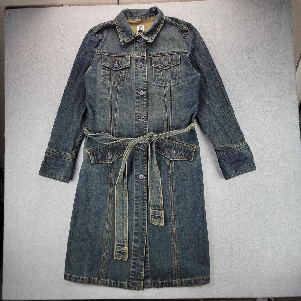 Gap Vintage Y2K Denim Trench Coat Jacket Medium Washβ Blue Belted Womens XL 2002